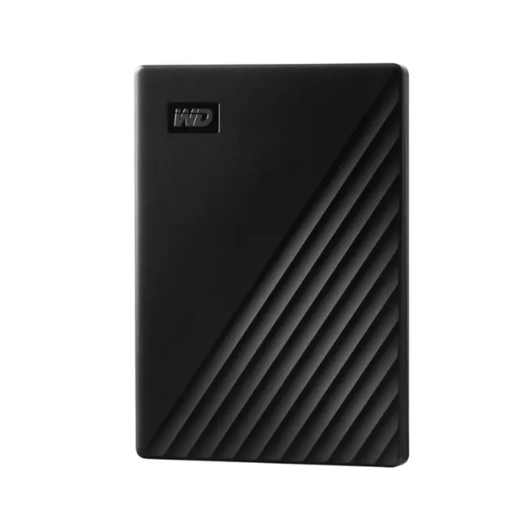 Black external hard drive with WD logo on a white background